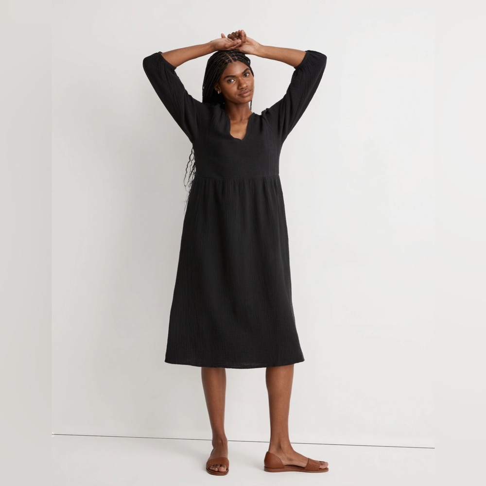 Madewell Estimated Size Medium Lightspun V-Neck Midi Dress‎ Black Cotton